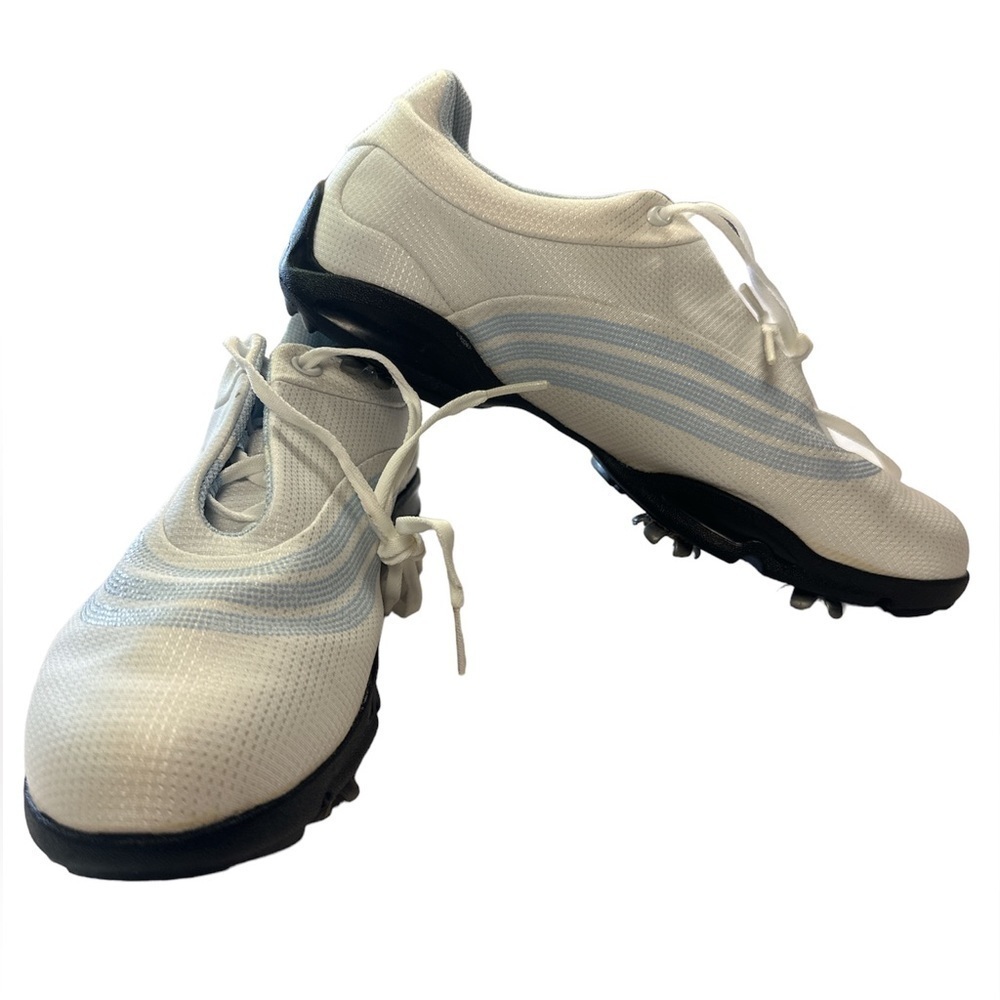 adidas White and Light Blue Athletic Golf Shoes